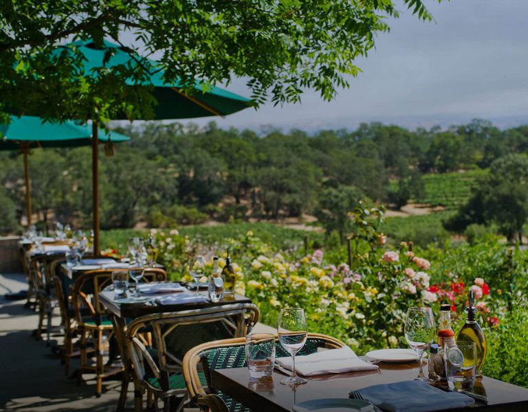 Wine tasting tables overlook the vineyards at Coppola winery