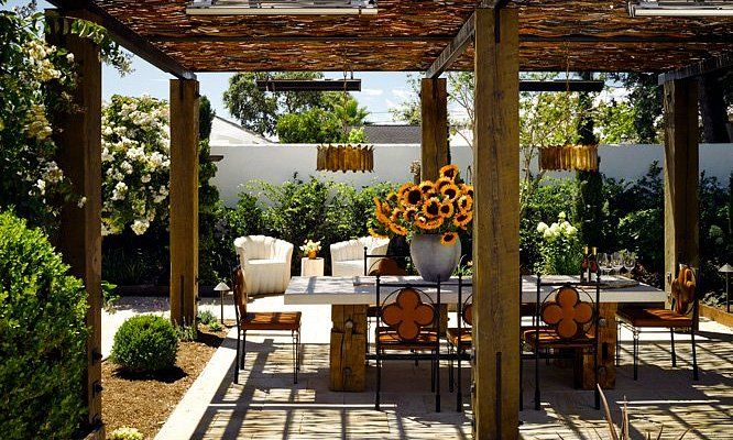 outdoor patio with sunflower centerpiece